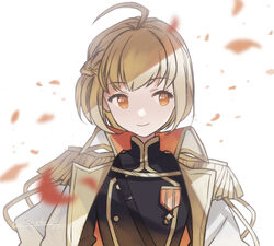  ahoge black_jacket blonde_hair blurry blurry_foreground braid buttons closed_mouth commentary epaulettes falling_petals female gold_trim high_collar highres jacket jacket_on_shoulders looking_at_viewer medal open_clothes open_jacket orange_eyes otori_michiru petals short_hair shoujo_kageki_revue_starlight shoujo_kageki_revue_starlight_-re_live- simple_background single_braid smile solo tareko twitter_username uniform upper_body white_background white_jacket 