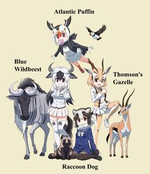  4girls animal_collar animal_ears ascot atlantic_puffin atlantic_puffin_(kemono_friends) bird black_eyes black_footwear black_hair black_jacket black_legwear black_scarf blonde_hair blouse blue_shirt blue_wildebeest_(kemono_friends) bob_cut bow bowtie brown_eyes character_name closed_mouth collar collared_shirt commentary_request creature_and_personification deer_ears deer_tail english_text extra_ears flying fur-trimmed_sleeves fur_collar fur_trim gazelle head_wings highres horns jacket japari_symbol kemono_friends kemono_friends_2 leg_up long_hair long_sleeves looking_at_viewer miniskirt mouth_hold multicolored_hair multiple_girls name_connection open_mouth orange_ascot ox_ears ox_horns pantyhose pleated_skirt puffin raccoon_ears red_eyes red_footwear red_hair red_legwear scarf school_uniform scrunchie serafuku shirt shoes short_hair short_sleeves simple_background sitting skirt smile socks standing standing_on_one_leg sweater tail tanuki tanuki_(kemono_friends) thighhighs thomson&#039;s_gazelle_(kemono_friends) two-tone_hair v-neck wariza white_bow white_bowtie white_hair white_scarf white_scrunchie white_shirt white_skirt white_sweater wildebeest wings yamaguchi_yoshimi yellow_background yellow_legwear 