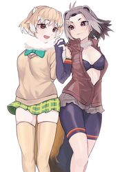  2girls :d a888_n22 ahoge american_beaver_(kemono_friends) animal_ears arm_behind_back bare_shoulders beaver_ears beaver_tail bike_shorts black-tailed_prairie_dog_(kemono_friends) black_hair blonde_hair bow bowtie bra breasts brown_eyes cleavage closed_mouth couple cutoffs detached_collar extra_ears eye_contact feet_out_of_frame fingerless_gloves fingernails floating_hair fur_collar gloves grey_hair hand_up highres holding_hands interlocked_fingers kemono_friends light_blush lips long_sleeves looking_at_another medium_breasts medium_hair microskirt multicolored_hair multiple_girls open_mouth plaid plaid_skirt short_shorts shorts side-by-side simple_background skindentation skirt sleeves_past_wrists smile standing stomach sweater tail thighhighs torn_clothes torn_sleeves underwear vest white_background white_hair yuri zettai_ryouiki 