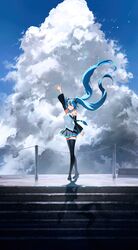  absurdres aqua_hair aqua_nails arm_up black_skirt black_thighhighs blue_necktie blue_sky body_writing boots breasts chains closed_eyes cloud cloudy_sky collared_shirt commentary day detached_sleeves dress_shirt eyelashes facing_viewer female floating_hair floating_neckwear full_body grin hair_floating_upwards hatsune_miku highres hoojiro long_hair medium_breasts miniskirt nail_polish necktie outdoors pleated_skirt revision shadow shirt skirt sky sleeveless sleeveless_shirt smile solo stairs standing thigh_boots thighhighs thighs twintails vocaloid waving white_shirt wind zettai_ryouiki 