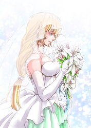  blonde_hair bouquet bride bride_(fire_emblem) closed_mouth dress ebi_puri_(ebi-ebi) elbow_gloves female fire_emblem fire_emblem:_three_houses flower from_side gloves green_eyes holding holding_bouquet ingrid_brandl_galatea long_hair smile solo wedding_dress white_dress white_gloves 