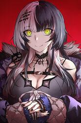  black_choker black_coat black_dress black_hair black_nails breast_strap breasts chest_belt choker cleavage coat dress female fur-trimmed_coat fur_trim grey_hair hair_ornament haraya_manawari highres hololive hololive_english lace-trimmed_choker lace_trim large_breasts long_hair looking_at_viewer multicolored_hair nail_polish shiori_novella shiori_novella_(1st_costume) smile solo split-color_hair two-tone_hair virtual_youtuber yellow_eyes yorick_(shiori_novella) 