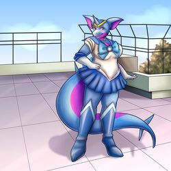  1:1 absurd_res ami_mizuno anthro big_breasts bow_(feature) bow_in_front breasts brooch domidonga female generation_1_pokemon hi_res nidoqueen nintendo pokemon pokemon_(species) pose precious_(character) roleplay rooftop sailor_mercury sailor_moon_(series) school solo 