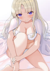  absurdres bad_id bad_pixiv_id blonde_hair blush bra breasts civia cleavage collarbone commentary female highres hololive hololive_china horns knees_up long_hair nail_polish nedo panties purple_eyes shirt_on_shoulders single_horn sitting solo underwear underwear_only virtual_youtuber white_bra white_panties 