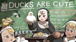  &gt;_&lt; 4girls :o :p @_@ animal animal_on_hand animal_on_head bandaid bandaid_on_hand bird bird_on_hand bird_on_head biting blonde_hair blue_eyes book brown_eyes brown_hair chalk chalkboard cheek_biting chicken chili_pepper clumsy_nun_(diva) commentary crying cup dazed diva_(hyxpk) drawing drinking_glass drooling duck duckling emphasis_lines english_commentary english_text feathers food food_on_head frog_headband froggy_nun_(diva) glasses_nun_(diva) habit hanging_plant hedgehog highres holding holding_animal holding_bird holding_pointer hypnosis little_nuns_(diva) mind_control mouth_hold multiple_girls nun object_on_head on_head open_book photo_(object) pigeon pointer poster_(object) pouring reflection spicy_nun_(diva) sticker table tongue tongue_out traditional_nun triangle_mouth water yellow_eyes 