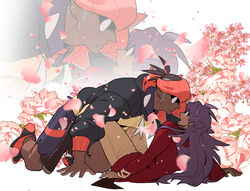  2boys all_fours black_footwear black_hair black_hoodie commentary_request dark-skinned_male dark_skin earrings eye_contact facial_hair falling_petals flower headband highres hood hoodie jewelry korean_commentary leon_(pokemon) long_hair looking_at_another male_focus multiple_boys open_mouth orange_headband parted_lips petals pink_flower pokemon pokemon_swsh purple_hair raihan_(pokemon) redlhzz shoes short_hair shorts side_slit side_slit_shorts undercut white_background 