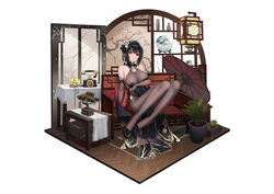  absurdres azur_lane bare_shoulders black_dress black_flower black_hair black_pantyhose black_rose bodystocking bonsai breasts chen_hai_(azur_lane) chen_hai_(vestibule_of_wonders)_(azur_lane) china_dress chinese_clothes chinese_commentary commentary_request dress elbow_gloves female flower full_body gloves highres huahuademaomaotou lace-trimmed_gloves lace_trim long_hair looking_at_viewer official_alternate_costume oil-paper_umbrella pantyhose pelvic_curtain phone red_hair rose simple_background solo taut_clothes taut_dress tight_clothes tight_dress umbrella white_background 