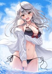  absurdres arm_under_breasts bikini black_bikini black_hair blue_sky blush breasts cleavage cloud commentary_request double_bikini ear_piercing female grey_hair hair_ornament hairpin halterneck highres hololive large_breasts long_hair looking_at_viewer multicolored_hair navel open_clothes piercing red_bikini red_eyes sakamata_chloe side-tie_bikini_bottom sky solo streaked_hair string_bikini swimsuit virtual_youtuber wading water x_hair_ornament yoppy_paint 