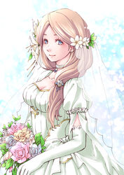  blonde_hair blue_eyes bouquet bride bride_(fire_emblem) closed_mouth commentary_request dress earrings ebi_puri_(ebi-ebi) elbow_gloves female fire_emblem fire_emblem:_three_houses flower gloves hair_flower hair_ornament jewelry long_hair mercedes_von_martritz smile solo upper_body veil wedding_dress white_dress white_gloves 