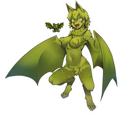  4_toes anthro anthrofied bat big_breasts black_nose bodily_fluids breasts claws crotch_tuft digitigrade drooling fangs feet female fluffy fur giant_flying_fox_(terraria) green_body green_fur green_hair hair hi_res inner_ear_fluff kemono looking_at_viewer mammal megabat membrane_(anatomy) membranous_wings monotone_body monotone_fur monotone_hair naturally_censored navel neck_tuft nipple_tuft nude nyong_nyong open_mouth open_smile realistic_wings saliva short_hair simple_background smile solo standing teeth terraria toe_claws toes tongue tongue_out tuft white_background wings yellow_eyes 