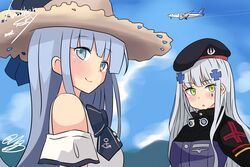  2girls aircraft airplane all_nippon_airways alternate_costume anchor anchor_symbol beret black_headwear blue_eyes blue_hair blunt_bangs blush boeing_777 crossover day dress facial_mark girls&#039;_frontline green_eyes grey_hair hair_ornament hat hatsukaze_(kancolle) highres hk416_(girls&#039;_frontline) jacket kantai_collection long_hair multiple_girls noruren open_mouth outdoors sky smile sun_hat teardrop upper_body white_dress 