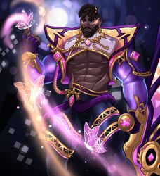  1boy bara beard biceps black_hair brown_eyes bug butterfly butterfly_on_hand dark-skinned_male dark_skin dreadlocks earrings eyeshadow facial_hair feet_out_of_frame glowing highres holding jewelry k&#039;sante_(league_of_legends) large_pectorals league_of_legends light_trail makeup male_focus mature_male moustache muscular muscular_male official_alternate_costume pants pectorals prestige_empyrean_k&#039;sante purple_butterfly quuynart short_hair shrug_(clothing) solo thick_arms thick_eyebrows thighs underpec v-taper very_dark_skin 