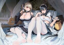  &gt;_&lt; 2girls =_= ahoge aochoku arm_garter azur_lane bed between_breasts black_dress black_hair black_skirt blurry blurry_background bow bowtie breasts brown_hair cake cake_slice canopy_bed cleavage closed_mouth clothing_cutout commentary curtains detached_collar dress earrings english_commentary feet food fork formidable_(azur_lane) full_body green_eyes hair_spread_out highres holding holding_cake holding_food holding_fork indomitable_(azur_lane) indomitable_(ms._motivationless_maid)_(azur_lane) indoors jewelry knees_up large_breasts legs long_hair long_sleeves looking_at_another looking_at_viewer maid_headdress manjuu_(azur_lane) multiple_girls necktie necktie_between_breasts no_shoes official_alternate_costume on_bed open_mouth pantyhose pillow plate red_eyes revealing_clothes shadow shoulder_cutout sidelocks sitting skirt soles thighhighs thighs toes twintails underboob very_long_hair white_pantyhose white_thighhighs yokozuwari 