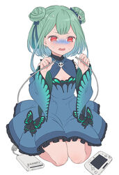  blue_dress blue_hair bug butterfly cable double_bun dress earrings female game_console gradient_hair green_hair hair_bun hair_ornament hair_ribbon hololive jewelry multicolored_hair open_mouth red_eyes ribbon short_hair sidelocks simple_background sitting skull_collar skull_earrings skull_hair_ornament solo uruha_rushia uruha_rushia_(1st_costume) vinhnyu virtual_youtuber white_background wii_u wii_u_gamepad 