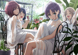  4girls arms_up asakura_toru bare_shoulders black_hair blonde_hair blue_hair brown_eyes card chair closed_eyes collarbone crossed_legs dress flower fukumaru_koito gradient_hair green_eyes hair_between_eyes highres higuchi_madoka ichikawa_hinana idolmaster idolmaster_shiny_colors mason_jar mole mole_under_eye multicolored_hair multiple_girls noctchill_(idolmaster) open_mouth purple_hair red_hair see-through sitting sonsoso wavy_mouth white_dress 