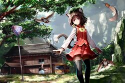  animal_ear_piercing animal_ears bird black_thighhighs bow bowtie brown_hair building bus cabin cat_ears cat_tail chen chinese_clothes dappled_sunlight day feathers female grass green_hat hat house long_sleeves looking_at_viewer mob_cap motor_vehicle multiple_tails outdoors pleated_skirt red_eyes red_skirt red_vest road_sign rock ryosios shirt short_hair sign skirt skirt_set smile solo sunlight tail thighhighs touhou tree two_tails vest walking white_shirt window wooden_house yellow_bow yellow_bowtie zettai_ryouiki 