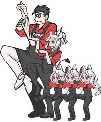  1boy 4girls :o animal_ears apron arm_garter arm_hair black_apron black_footwear black_hair black_pants black_tail black_vest cerberus_(helltaker) chibi clenched_teeth commentary demon_girl demon_horns demon_tail dog_ears dog_girl english_text formal full_body goomrrat hair_up helltaker helltaker_(character) highres horns long_hair low-tied_long_hair lucifer_(helltaker) mole mole_under_eye multiple_girls pants parody pince-nez pose rectangular_mouth red_eyes red_shirt ringed_eyes shirt shoes short_hair simple_background standing standing_on_one_leg suit sunglasses tail teeth triplets v-shaped_eyebrows vest waistcoat white_background white_footwear white_hair white_horns white_pants yotsubato! yotsubato!_pose 