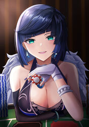  absurdres aqua_eyes bare_shoulders blue_hair blunt_bangs blush breasts cleavage earrings female fingerless_gloves fur_trim genshin_impact gloves half-closed_eyes highres jewelry large_breasts looking_at_viewer mole mole_on_breast nail_polish nmek4544 open_mouth short_hair smile solo sparkle upper_body white_gloves yelan_(genshin_impact) 