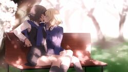  2girls amazuki_jou andou_(girls_und_panzer) backlighting bc_freedom_school_uniform bench black_hair black_skirt black_socks black_vest blonde_hair blue_necktie blue_sweater blurry blurry_background blurry_foreground cardigan cherry_blossoms commentary dappled_sunlight dark-skinned_female dark_skin day depth_of_field diagonal_stripes dress_shirt girls_und_panzer grass highres kissing kneehighs long_sleeves medium_hair messy_hair miniskirt multiple_girls necktie oshida_(girls_und_panzer) outdoors park_bench pleated_skirt red_necktie school_uniform shirt sitting skirt socks striped striped_necktie sunlight sweater sweater_around_neck tree vest white_shirt wing_collar yuri 