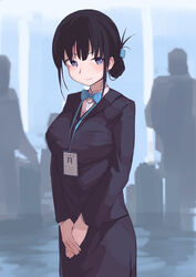  absurdres black_hair black_suit blue_bow blue_bowtie blue_eyes blurry blurry_background bow bowtie breasts commentary female folded_ponytail formal hairbow highres id_card indoors lanyard large_breasts looking_at_viewer office_lady original own_hands_together painnico pencil_skirt short_hair skirt solo_focus standing suit symbol-only_commentary 