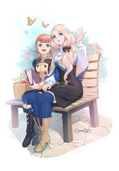  2girls annette_fantine_dominic artist_name basket bench blonde_hair blue_eyes blue_pantyhose blue_thighhighs book boots bow bug bush butterfly commentary_request fire_emblem fire_emblem:_three_houses flower full_body garreg_mach_monastery_uniform green_eyes hairbow highres holding holding_book knee_boots long_hair long_sleeves low_ponytail mercedes_von_martritz multiple_girls on_bench open_mouth orange_hair pantyhose parted_lips rose rose_bush sitting skirt teeth thighhighs tongue twintails twitter_username uniform watermark yasai_maru 