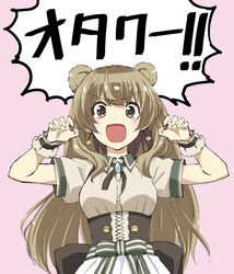  :d animal_ears back_bow bear_ears blush bow brown_bow brown_eyes brown_hair claw_pose collared_shirt copyright_request female grey_shirt hands_up ishii_hisao long_hair looking_at_viewer open_mouth pink_background shirt short_sleeves skirt smile solo translated underbust upper_body very_long_hair white_skirt wing_collar wristband 