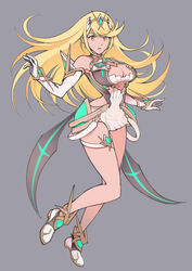  absurdres bare_legs bare_shoulders blonde_hair breasts chest_jewel cleavage cleavage_cutout clothing_cutout dress earrings elbow_gloves female gem gloves headpiece highres jewelry large_breasts long_hair mythra_(xenoblade) narrow_waist short_dress solo swept_bangs thigh_strap tiara ug333333 very_long_hair white_dress white_gloves xenoblade_chronicles_(series) xenoblade_chronicles_2 yellow_eyes 