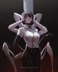  apron arthropod_limbs artist_name black_gloves black_hair blood blood_drip blood_from_eyes blood_from_mouth breasts chainsaw_man chef chef_hat closed_eyes disembodied_head elbow_gloves extra_arms falling_devil_(chainsaw_man) female flat_top_chef_hat gloves hat highres holding_head long_arms nosebleed notgustiarp severed_head short_hair solo waist_apron 