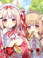  2girls :q ? alloces_(angelic_link) angelic_link animal_ear_fluff animal_ears areola_slip bell blurry blurry_background blush bow breasts cleavage cleavage_cutout clothing_cutout commentary_request cross-shaped_pupils day depth_of_field eating food food_on_body food_on_breasts food_on_face frilled_sleeves frills hair_bell hair_ornament hairbow hairclip highres holding holding_food hot_dog japanese_clothes kimono light_brown_hair long_sleeves looking_at_viewer maid_headdress medium_breasts multiple_girls outdoors red_bow red_eyes red_kimono satori_(angelic_link) sexually_suggestive siera_(sieracitrus) signature symbol-shaped_pupils tiara tongue tongue_out underboob wide_sleeves wrist_cuffs 