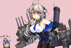  2girls ahoge anger_vein bare_shoulders black_jacket blue_hair blue_necktie blush breasts cannon closed_mouth commentary_request finger_to_mouth grey_eyes grey_hair headgear heart jacket kantai_collection kusanagi_tonbo large_breasts long_hair looking_at_viewer machinery military military_uniform multicolored_hair multiple_girls necktie off_shoulder pantyhose photoshop_(medium) pink_background pleated_skirt red_hair rigging shirt skirt sleeveless sleeveless_shirt smile smokestack south_dakota_(kancolle) turret uniform washington_(kancolle) white_shirt white_skirt 