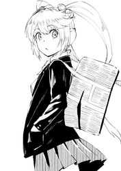  bag closed_mouth cowboy_shot female from_side greyscale hands_in_pockets inside-chan_mk.ii inside-games_(media) ishii_hisao jacket looking_at_viewer looking_to_the_side monochrome pleated_skirt school_bag shoulder_bag simple_background skirt solo twintails white_background 