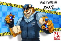  2022 anthro barrel_(live_a_hero) canid canine canis clothing english_text hi_res lifewonders live_a_hero male mammal muscular muscular_anthro muscular_male musfetman police police_hat police_officer police_uniform smile solo text uniform wolf 