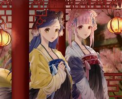  2girls alternate_costume blue_hair braid chinese_clothes double_bun earrings facial_mark flower forehead_mark hair_behind_ear hair_bun hair_ornament hanfu hannelore_(honzuki_no_gekokujou) highres honzuki_no_gekokujou jewelry lantern long_hair multiple_girls myne_(honzuki_no_gekokujou) parted_lips pink_flower pink_hair qixiong_ruqun red_eyes riririsa shawl smile swept_bangs tassel tassel_earrings tree upper_body yellow_eyes 