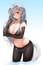  absurdres arknights bare_shoulders bikini bikini_top_only black_bikini black_gloves black_pantyhose blue_background blush breasts cleavage commentary elbow_gloves female gloves gradient_background grey_hair hair_ornament hand_up head_tilt highres large_breasts long_hair looking_at_viewer navel nevin_(flyskying) no_headwear orca_hair_ornament panties panties_under_pantyhose pantyhose parted_lips red_eyes skadi_(arknights) solo stomach swimsuit symbol-only_commentary thighs underwear very_long_hair white_background white_panties 