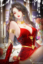  absurdres breasts brown_hair cai_lin_(doupo_cangqiong) detached_collar doupo_cangqiong dress earrings female flower gloves hair_ornament highres jewelry ka_dian_daochang_de_yandi long_hair looking_at_viewer necklace red_dress red_eyes red_flower red_gloves red_rose rose sitting solo table teeth thighlet upper_body window 