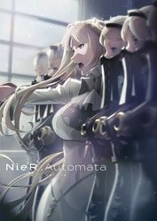  6+girls blonde_hair blurry blurry_foreground commander_(nier:automata) copyright_name hair_ornament hairband highres key_visual looking_to_the_side mouth_veil multiple_girls nakai_jun nier:automata nier_(series) official_art open_mouth operator_21o operator_6o outstretched_arm promotional_art side-by-side standing veil 