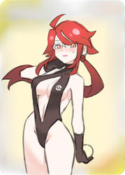  ahoge black_gloves blush breasts closed_mouth commentary_request cosplay female glasses gloves groin holding kasumi_(pokemon) long_hair looking_at_viewer lorelei_(pokemon) misty_(pokemon)_(cosplay) poke_ball pokemon pokemon:_the_electric_tale_of_pikachu pokemon_lgpe ponytail red_hair simple_background smile solo standing sweatdrop swimsuit ukimukai 