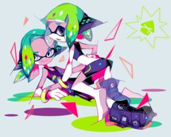  1boy agent_4_(splatoon) amakusa_(hidorozoa) bare_shoulders belly black_footwear black_shorts blue_eyes bracelet closed_mouth female full_body green_hair grey_background grey_eyes headgear inkling inkling_boy inkling_girl inkling_player_character jewelry looking_back looking_to_the_side lying open_mouth shoes short_hair short_shorts shorts simple_background smile splatoon_(series) splatoon_2 squidbeak_splatoon tank_top 