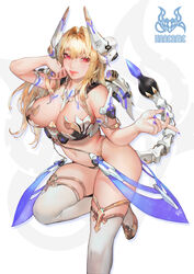  absurdres aoin bare_shoulders blonde_hair breasts dragon_queen_hane female hair_between_eyes haneame highres horns indie_virtual_youtuber large_breasts lips long_hair looking_at_viewer mecha_musume mechanical_horns mechanical_tail navel pink_eyes simple_background solo stomach tail virtual_youtuber white_horns white_legwear 