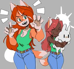  anthro belt bottomwear breasts canid canine claws cleavage closed_eyes clothed clothing dark_body dark_skin denim denim_bottomwear denim_clothing dipstick_tail female feral fox fox_tail fur grey_background group hair hug humanoid jeans lagomorph leporid mammal markings multicolored_tail murninatair orange_body orange_fur pants rabbit red_hair shirt simple_background sleeveless_shirt tail tail_markings tank_top terraria topwear were werecanid werecanine werefox zoologist_(terraria) 