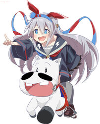  0_0 1other animal_ears blue_eyes blue_hairband blue_neckerchief buck_teeth chibi crossover ear_covers female grey_hair hair_between_eyes hair_ornament hairband highres historical_name_connection horse horse_ears horse_girl horseback_riding long_hair long_sleeves midori_makibaoo midori_no_makibaoo name_connection neckerchief oerba_yun_fang pointing red_hairband red_neckerchief riding sailor_collar seryu_oekaki simple_background stirrups_(riding) tamamo_cross_(umamusume) teeth two-tone_hairband two-tone_neckerchief umamusume white_background wide_sleeves 