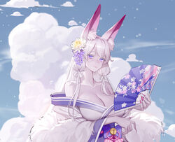  animal_ear_fluff animal_ears breasts cleavage closed_mouth cloud cloud_background colored_skin commentary english_commentary expressionless female fox_ears fox_girl hair_over_breasts hand_fan highres holding holding_fan japanese_clothes kalle21 kimono large_breasts long_hair looking_at_viewer original pink_nails pink_skin platform_footwear purple_eyes solo upper_body 