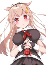  :&lt; absurdres black_ribbon black_serafuku blonde_hair blush breasts female from_below genjou92 grey_skirt hair_flaps hair_ornament hair_ribbon hairclip highres holding holding_torpedo kantai_collection large_breasts long_hair looking_at_viewer neckerchief pleated_skirt red_eyes red_neckerchief ribbon scarf school_uniform serafuku skirt solo torpedo white_background white_scarf yuudachi_(kancolle) yuudachi_kai_ni_(kancolle) 