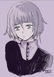  1other androgynous closed_mouth crona_(soul_eater) dated looking_to_the_side purple_hair short_hair simple_background solo soul_eater sweatdrop three9moon upper_body 