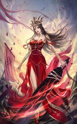  absurdres arrow_(projectile) banner bare_legs bare_shoulders battle_standard battlefield bird black_hair cai_lin_(doupo_cangqiong) doupo_cangqiong dress earrings energy falling_petals female full_body high_heels highres holding holding_sword holding_weapon jewelry long_hair pelvic_curtain petals pointy_ears red_dress second-party_source solo sword tiara war_banner weapon xiaoxuan_chuang_wxc 