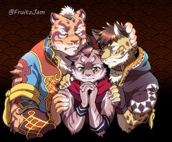  3boys animal_ears animal_print bara boy_sandwich brown_hair cat_nose chest_tuft closed_eyes crying english_commentary fingerless_gloves fluffy fruitz_(fruitzjam) furry furry_male gloves green_eyes hand_on_another&#039;s_head hand_on_another&#039;s_shoulder highres leopard_boy leopard_ears leopard_print likulau_(nekojishi) lin_hu_(nekojishi) male_focus multiple_boys muscular muscular_male nekojishi own_hands_clasped own_hands_together sad sandwiched shu_chi_(nekojishi) tassel tearing_up tears tiger_boy tiger_ears white_hair wristband 