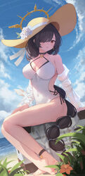  :d absurdres akizuki_kawakaze anklet barefoot beach black_choker black_hair blue_archive blue_sky box braid breasts choker cleavage cloud cloudy_sky commentary_request criss-cross_halter earrings female full_body hair_over_one_eye halo halterneck hat highleg highleg_swimsuit highres hinata_(blue_archive) hinata_(swimsuit)_(blue_archive) horizon jewelry long_hair looking_at_viewer low_ponytail ocean official_alternate_costume on_box one-piece_swimsuit red_eyes sidelocks single_braid sitting sitting_on_box sky sleeveless smile soles solo straw_hat sun_hat swimsuit toes white_one-piece_swimsuit 