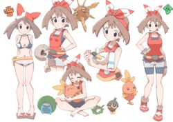  bandana barefoot bike_shorts bikini bow breasts brown_hair cleavage commentary_request female hairbow highres indian_style looking_at_viewer lotad lowleg lowleg_bikini lunatone may_(pokemon) multiple_views pokemon pokemon_(creature) pokemon_oras pokemon_rse short_shorts shorts sitting sleeveless solrock standing swimsuit toes torchic wingull yakiniku-joan. 