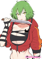  absurdres artist_name black_sports_bra breast_tattoo breasts commentary english_commentary female ge-b green_hair hair_between_eyes hand_up highres hikage_(senran_kagura) holding holding_knife hood hood_down hooded_jacket huge_breasts jacket knife licking licking_blade licking_weapon linea_alba midriff navel red_jacket senran_kagura senran_kagura_new_link senran_kagura_shoujo-tachi_no_shin&#039;ei short_hair simple_background slit_pupils solo sports_bra tattoo tongue tongue_out torn_clothes torn_jacket torn_sports_bra weapon white_background yellow_eyes 