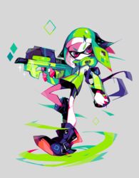  agent_4_(splatoon) amakusa_(hidorozoa) black_footwear black_shorts dashing diamond_(shape) female full_body green_hair green_jacket grey_background gun headgear holding holding_gun holding_weapon ink_tank_(splatoon) inkling inkling_girl inkling_player_character jacket leg_up long_sleeves looking_to_the_side medium_hair purple_eyes shoes short_shorts shorts simple_background splatoon_(series) splatoon_2 squidbeak_splatoon standing standing_on_one_leg v-shaped_eyebrows weapon 